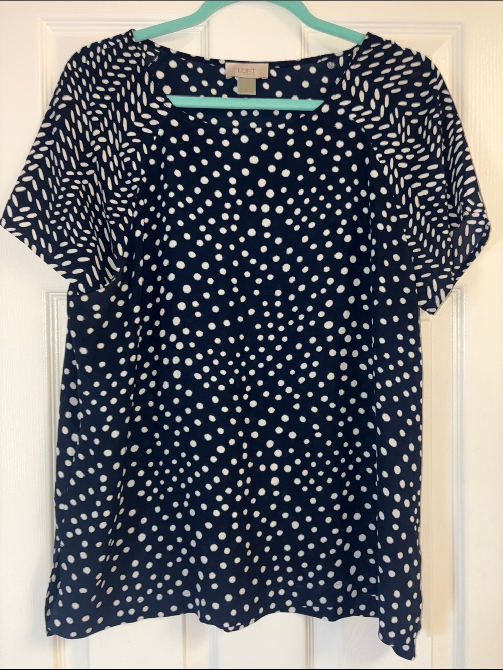 LOFT Navy and White Polka Dot Short Sleeve Blouse